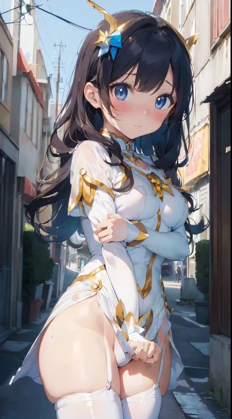 1womanl,Golden head hair,12year old ,((Impatient expression)),Beautiful breasts,(((Sexy magical girl white and blue high-leg bodysuit)))(())(((Blushing cheeks、Surprised look)),((())),((( portlate))),Blue eyes,(((Bangs are aligned)))()Street,Crowds(magical ...