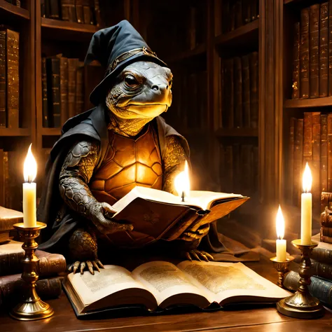 There&#39;s a wise old turtle wizard in the library，Reading an ancient book by candlelight. Tolkien-esque magical atmosphere.