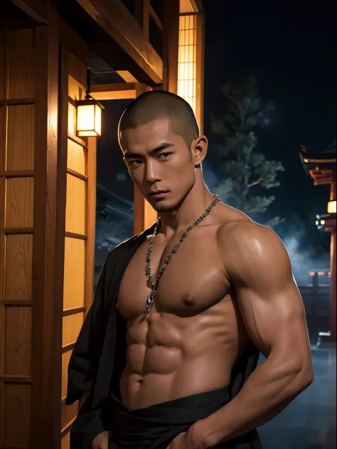 Japanese monk, skill head, dark skin, handsome, muscular, Japanese monk outfit, rosary, sexy, clean skin, tattoo, ancient Japanese temple, frankincense, thick fog, late at night, portrait, photo shoot