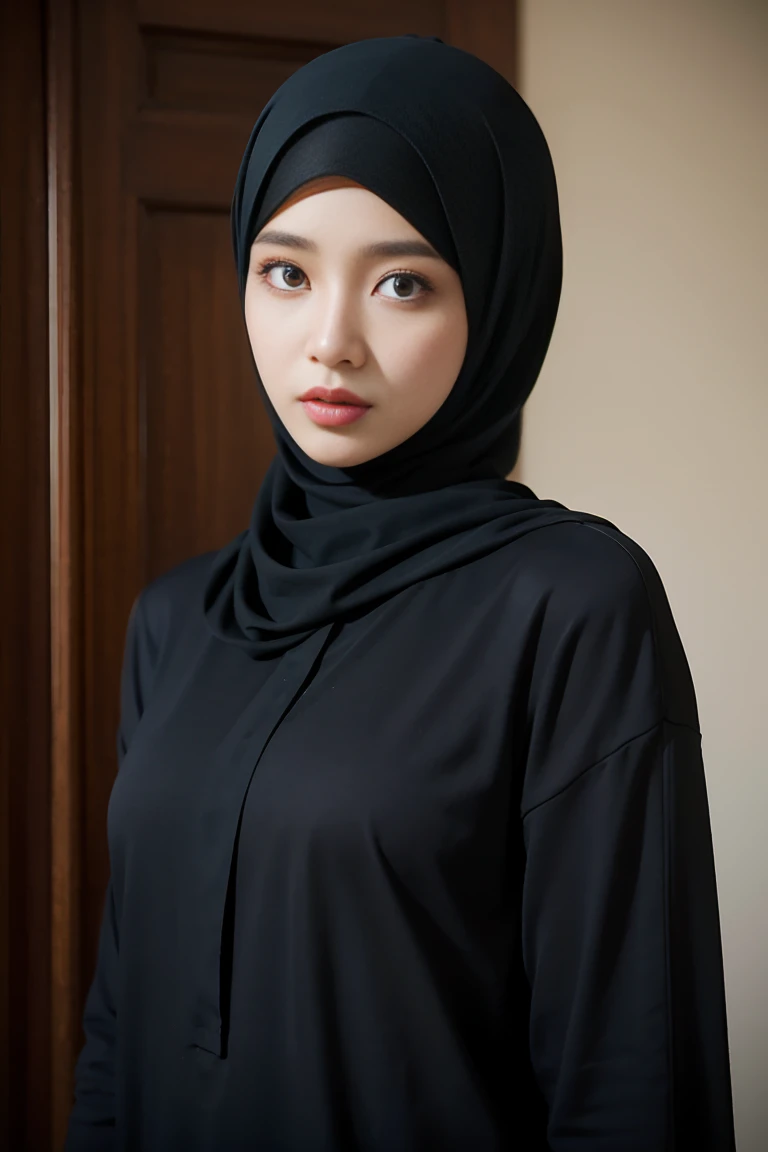 Best Quality, Masterpiece, Ultra High Resolution, hijab, black hijab, casual outfit, medium close shot, looking to viewer,