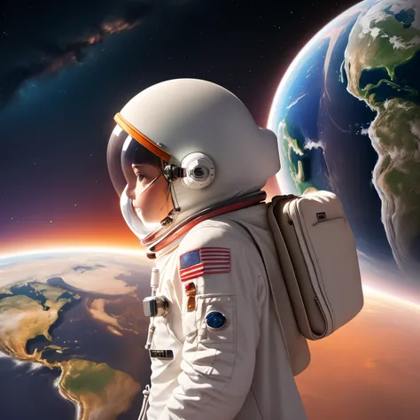 Create an image of an astronaut in profile observing the Earth on the right