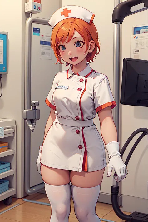 1girl, solo, nurse, nurse cap, white wear, ((white legwear, zettai ryouiki)), white gloves, very short hair, orange hair, smile, open mouth, standing, ((hospital room)), sharp outline, short sleeves, tomboy, boyish, best quality, masterpiece