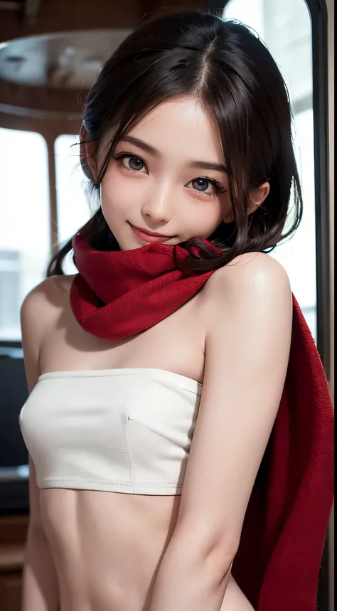 ((best quality, 8K, masterpiece)), ultra detailed, sharp focus, 1 cute girl, (((small breasts:1.2))), (slender abs:1.2), ((tube top:1.4)), ((red scarf)), highly detailed face and skin texture, ((detailed eyes)), ((beautiful eyes:1.2)), (smile:1.15)