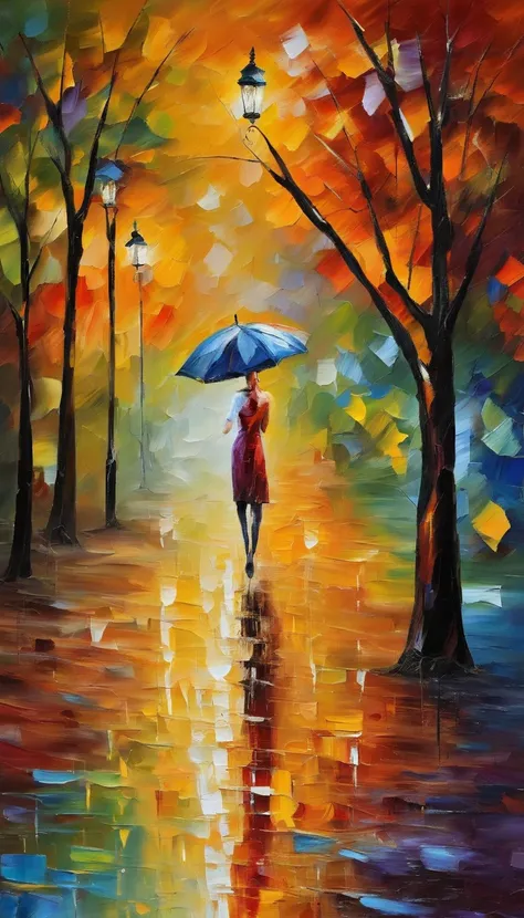 tmasterpiece, topquality, evening, Sateen, lanterns, alley, A park, stroll, A  girl, umbrella, palette knife, UHD