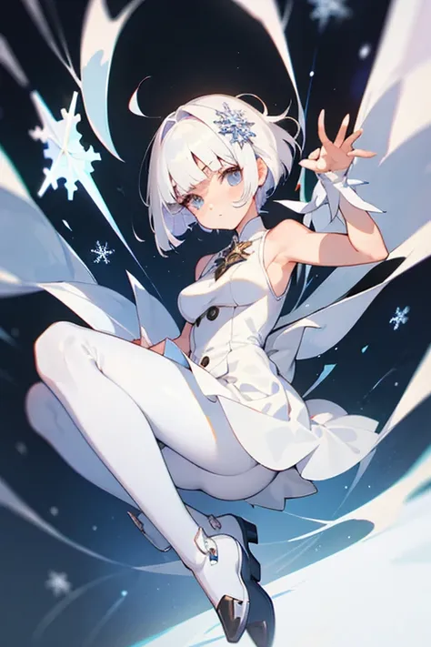 masterpiece, best quality, girl, bishoujo, magical_girl, medium breasts, white pantyhose, boots, sleeveless dress, short hair, white hair, blunt bangs, snowflake hair ornament, white eyebrows, expressionless, white eyes,