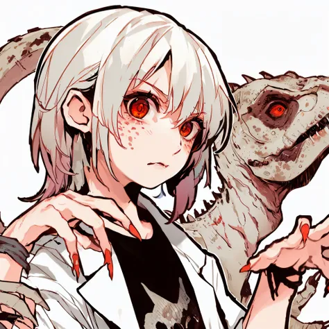 indominus rex. dinosaur element girl. her image color is white. red eyes. sly. sharp claws.