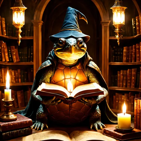 A turtle wizard in the library，Read an ancient book，Under candlelight. Tolkien-esque magical atmosphere.