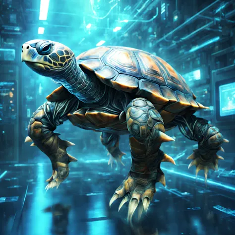 Digital cybernetic turtle swims in the information space and digital information flows, cyborg turtle, high-tech cyborg turtle, digital atmosphere, hi-tech, Fantastic, digitalpainting