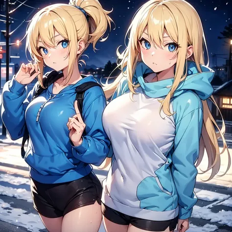 2D Anime Style、Blue eyes、breasts are slightly larger、Blonde short,wearing a light blue pin,A cool adult woman is walking on a snowy night road with a serious expression..,Solo, Wear sweat tops that show your stomach, Sweatshorts