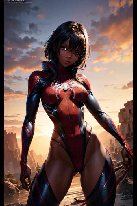 african girl, black skin, comic accurate Spider Man costume, black costume with red web and spider logo, combat stance, highly detailed, vibrant appearance, creative behavior, extremly detailed, imaginative, sensual, spontaneous, small breasts, sexi, revea...