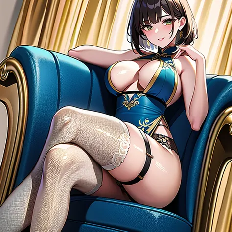 top-quality　8K30&#39;The beauty of　Brown hair　Medium bob　Delighted　laught　(Breasts like melons Ass like melons)　(White garter belt stockings)　(Blue　Chinese service　Gold embroidery　deep slit sleeveless)　sit a chair　legs crossed　looking at from the front