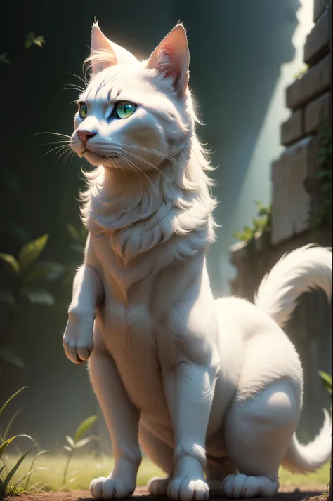 Imagem do guia do gato branco poderoso, standing on her feet, Segure um arco de penas branco, Vestindo armadura de ferro da cor branco e vermelho, arte de fantasia peluda, High detail, Cinematic lighting, deus luz, hiper HD, A high resolution, com fundo da...