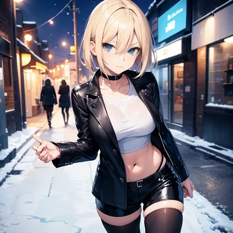 2D Anime Style、Blue eyes、breasts are slightly larger、short blond hair,A cool adult woman walking on a snowy night road with a serious expression..,Solo, Fashion that shows off your stomach,Leather shorts,long sleeve long coat