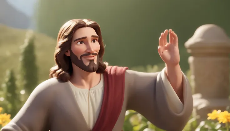 a very beautiful paradise in a heaven garden with many big buildings, mansions, like Disney world no human beings, and many animals around a lot of flowers around a paradise. a cartoon of biblical jesus happily hugging and welcoming a man into heaven, a ve...