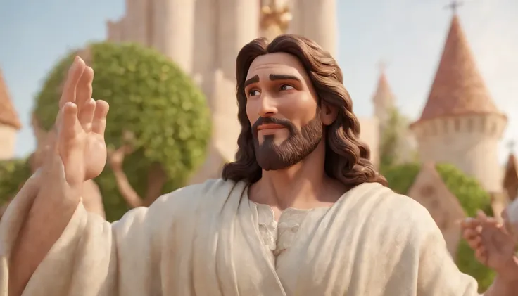 a very beautiful paradise in a heaven garden with many big buildings, mansions, like Disney world no human beings, and many animals around a lot of flowers around a paradise. a cartoon of biblical jesus happily hugging and welcoming a man into heaven, a ve...