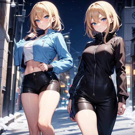 2D Anime Style、Blue eyes、breasts are slightly larger、short blond hair,A cool adult woman walking on a snowy night road with a serious expression..,Solo, Fashion that shows off your stomach,Leather shorts,long sleeve long coat