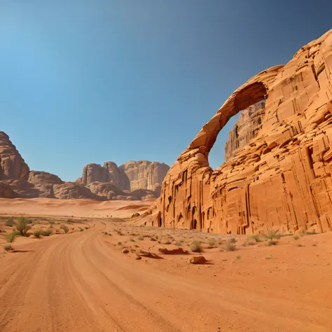 There is a huge rock formation in the middle of the desert, Wadi Rum, red desert, Desert landscape, rocky desert, Brown canyon background, Ancient ruins under the desert, rock arch, Stroll through the desert scenery, most perfect desert on the world, deser...