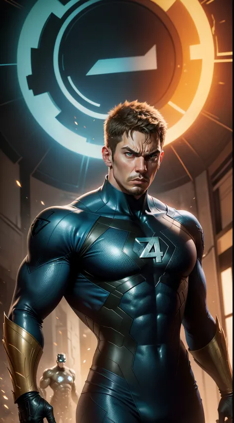 realistic fantastic four marvel characters, fantastic four suit, number 4 symbol on the chest, angry face