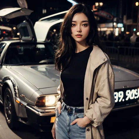 A picture of a beautiful woman standing in front of a car-shaped time machine. The woman has dark brown hair and black eyes. They were dressed in jackets and blue jeans, and the time was night. The location is the city.