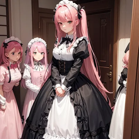 ultra-detailliert、pinkhair、15yo student、huge tit、Medium hair、straight haired、look away、 1 girl in, Maids, lineup, skirt rift, cloths, The hair, skirt by the, At the front door、sulky face、up、Close by、a closeup、1人、Face only