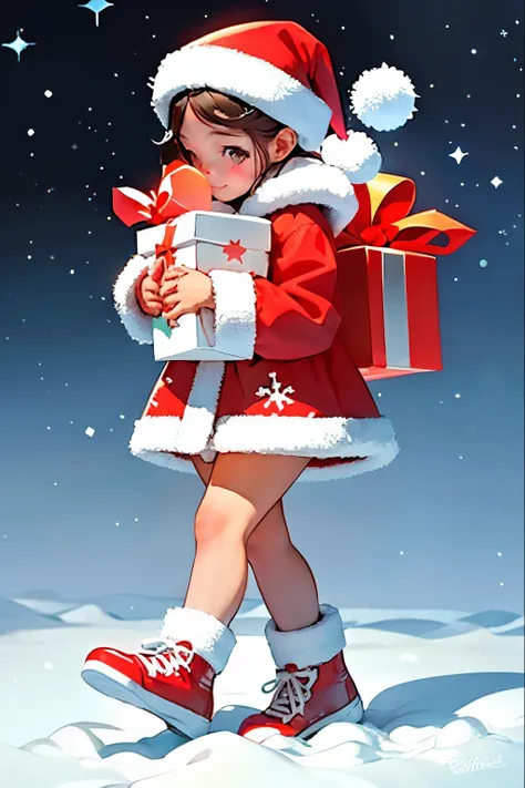 Santa Claus happily carrying presents、Cute Girl Santa、Stars in the eyes(kirakira)、eyes up、laught、The red shoes are cute、The ultra-detailliert、radiant light、bio luminescent、snowscape、Its snowing、Draw a large snowflake in the foreground、Strong bokeh