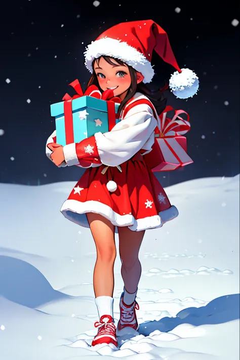 Santa Claus happily carrying presents、Cute Girl Santa、Stars in the eyes(kirakira)、eyes up、laught、The red shoes are cute、The ultra-detailliert、radiant light、bio luminescent、snowscape、Its snowing、Draw a large snowflake in the foreground、Strong bokeh