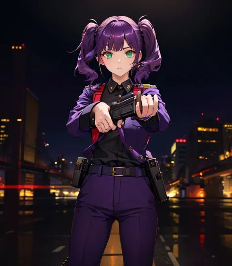 ((masterpiece)), ((best quality)), ((highres)), 1girl, solo, police officer, (matching pants, slacks), city backdrop, (holding and aiming pistol, detailed pistol, glock 22, trigger discipline), standing, medium hair, (purple hair, twintails), (green eyes),