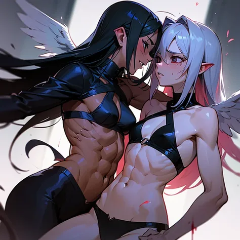 A succubus with abs and an angel with abs punch each other in the stomach，The wound is bleeding，moan in pain