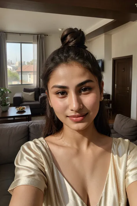 14 years old girl named mouni roy, wearing satin nightgown, face selfie taken on iphone, smile, without makeup, living room, instagram photo, sunkissed, sunlight, hair bun