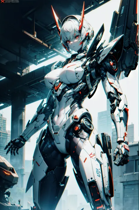 Extraordinary beautiful girl, fuselage, mechanical naked robot, mecha girl, White hair, Short hair details, (red eyes:1.3), Inorganic skin, science fantasy,intermittently, (Exoskeleton suit), (Perfect Finger, 4fingers and 1thumbs), (There are thick armors ...