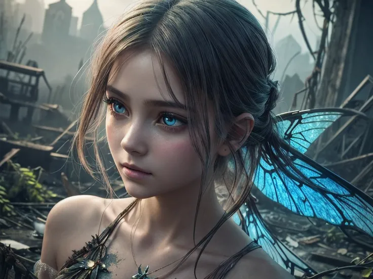 Beautiful alluring face, nice skin In a desolately polluted world, a fairylike pixie roams, her delicate figure and luminous wings contrasting against the grime and destruction surrounding her. This captivating image, portrayed in a stunning digital painti...