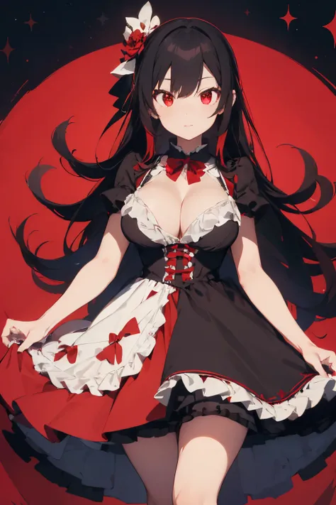 vtuber model, full body stand staight look straight to the viewer, no body pose, 1girl, black hair, red hair highlight, red eyes,queen of bones, wearing long unique elegant black red white lolita dress, big boobs, look elegant, wearing a fancy red white bl...