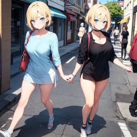 2D Anime Style、Blue eyes、Beautiful eyes, (Talented lo-fi:1.3)breasts are slightly larger、A cool adult woman with short blonde hair and a cool expression is walking around the city in street fashion style.......,