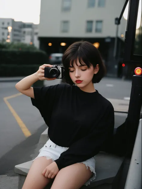 correct hand，tmasterpiece, RAW photos, film photo, nigth，Streets，flash lights，Close your eyes slightly，bust，  Flash photos from the 90s, 1, beuaty girl, sin front of camera,Short hair details， black shirt，