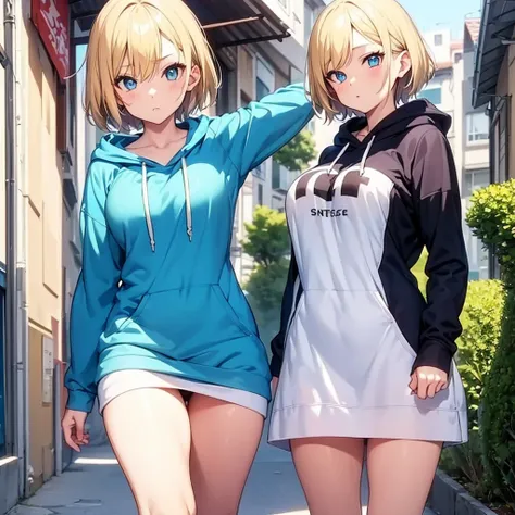 2D Anime Style、Blue eyes、Beautiful eyes, (Talented lo-fi:1.3)breasts are slightly larger、A cool adult woman with short blonde hair and a cool expression is walking around town wearing an oversized hoodie like a dress.........,