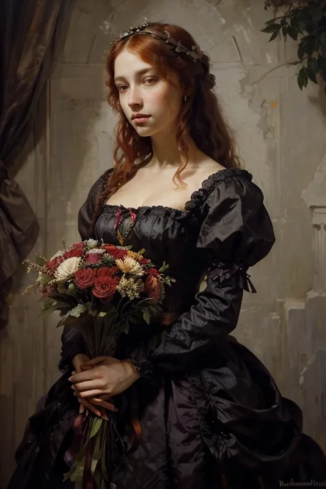 beautiful woman with red hair and a purple dress holding a bouquet of flowers in her hands, Fine Arts Portrait Photography, In the style of the High Renaissance, inspired by Floris van Dyck, inspired by Edward Robert Hughes, in a renaissance style, Pre-Rap...