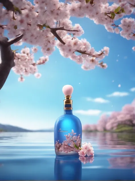 Super realistic scene, makeup bottle, surrounded by cherry blossom wrapped around, blue sky background, water, sunlight, low perspective, blender, product rendering, HD 8K