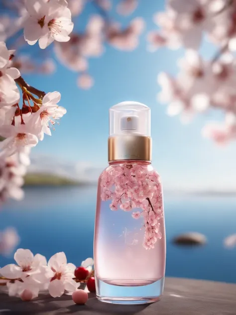 Super realistic scene, makeup bottle, surrounded by cherry blossom wrapped around, blue sky background, water, sunlight, low perspective, blender, product rendering, HD 8K