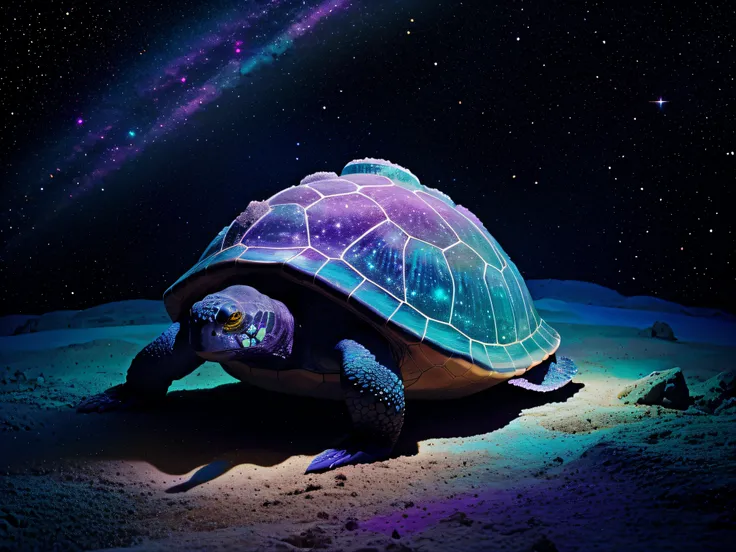 the turtle&#39;s shell is covered with sharp edges of neon crystals, turtle glows with neon light, turtle in space against the b...