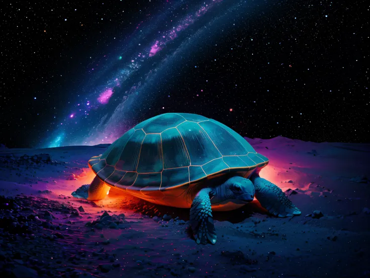 the turtle&#39;s shell is covered with sharp edges of neon crystals, turtle glows with neon light, turtle in space against the b...