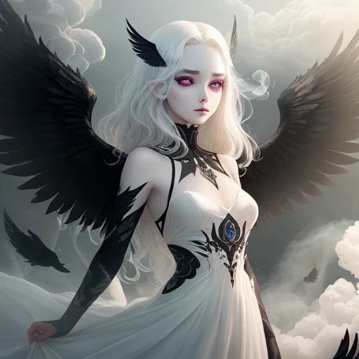 -wings made of strange kind of black fog or smoke. 
-eyes: black sclera, white iris, white pupils 
-hair: long, white
-skin: very pale 
-black star symbols on my arms
-wearing a white dress