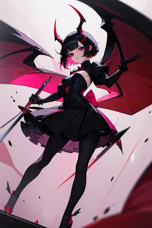 masterpiece, best quality, girl, short hair, black hair, bangs, hair ribbon, black eyes, medium breasts, holding sword, black pantyhose, pink lucency full dress, red eyeshadow, dark_persona, demon horns, high heels,