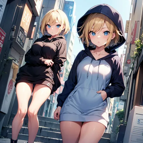 2D Anime Style、Blue eyes、Beautiful eyes, (Talented lo-fi:1.3)breasts are slightly larger、A cool adult woman with short blonde hair and a cool expression wears an oversized hoodie,(worn like a dress),Walking around the city.........,