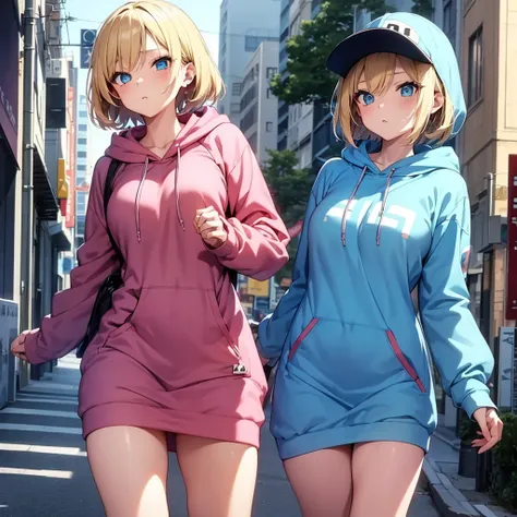 2D Anime Style、Blue eyes、Beautiful eyes, (Talented lo-fi:1.3)breasts are slightly larger、A cool adult woman with short blonde hair and a cool expression wears an oversized hoodie,(worn like a dress),Walking around the city.........,