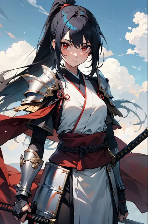 a female anime character with long hair wielding a sword in clouds and sky, 1girl, weapon, sword, solo, japanese clothes, ponytail, long hair, holding, katana, red eyes, holding weapon, looking at viewer, holding sword, armor, black hair, shoulder armor