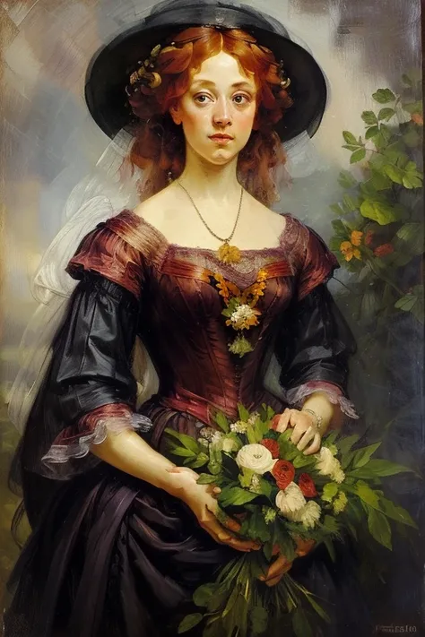 very beautiful woman with red hair and a purple dress with a bouquet of flowers in her hands, portraite of a, inspired by Floris van Dyck, Flickr Contest Winner, pre-raphaelitism, Fine Arts Portrait Photography, In the style of the High Renaissance, in a r...