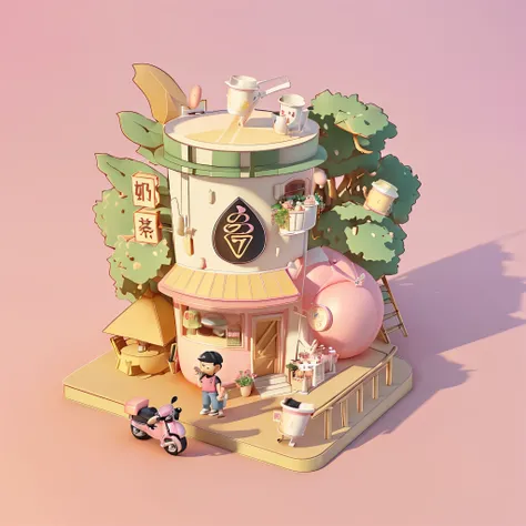 high qulity，32K，Perfect light and shadow，Official picture，A milk tea cup with，Milk tea house，Pink peaches，Delivery boy，the motorcycle，。.。.3Drenderingof，。.。.3D,isometry，C4D，Popmart blind box，