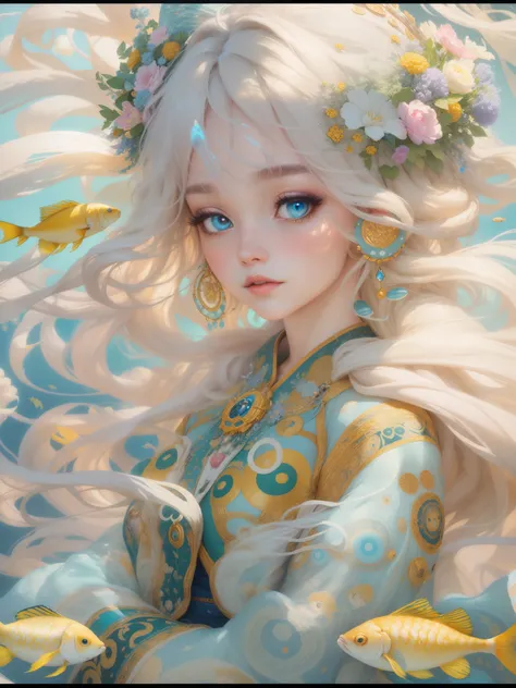 (The most realistic, 4K, A high resolution, tmasterpiece:1.2), Paintwork, Fantasyart:1.37, Sky with fluffy clouds:1.37, (sad cloud goddess:1.37, eyes with brightness, light colors hair, Elaborate makeup, Glowing skin, transparent costume, surrounded by a s...