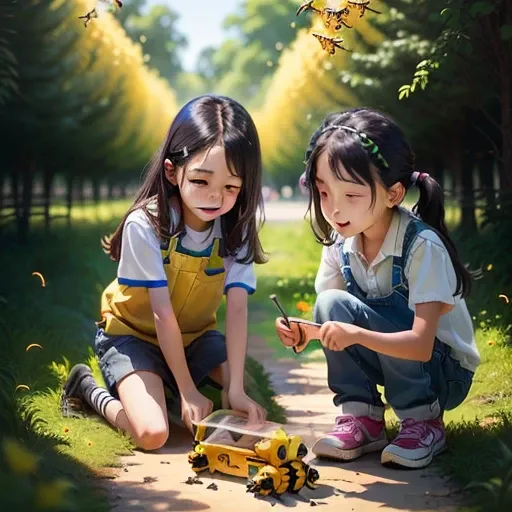 Children playing with bees