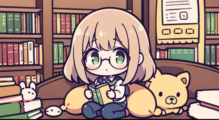 ((master part, best quality)), Create an illustration of a little girl with glasses, mechendo no computador, surrounded by stuffed animals, dentro de um quarto, uma estante cheia de livros, ((corpo inteiro)).